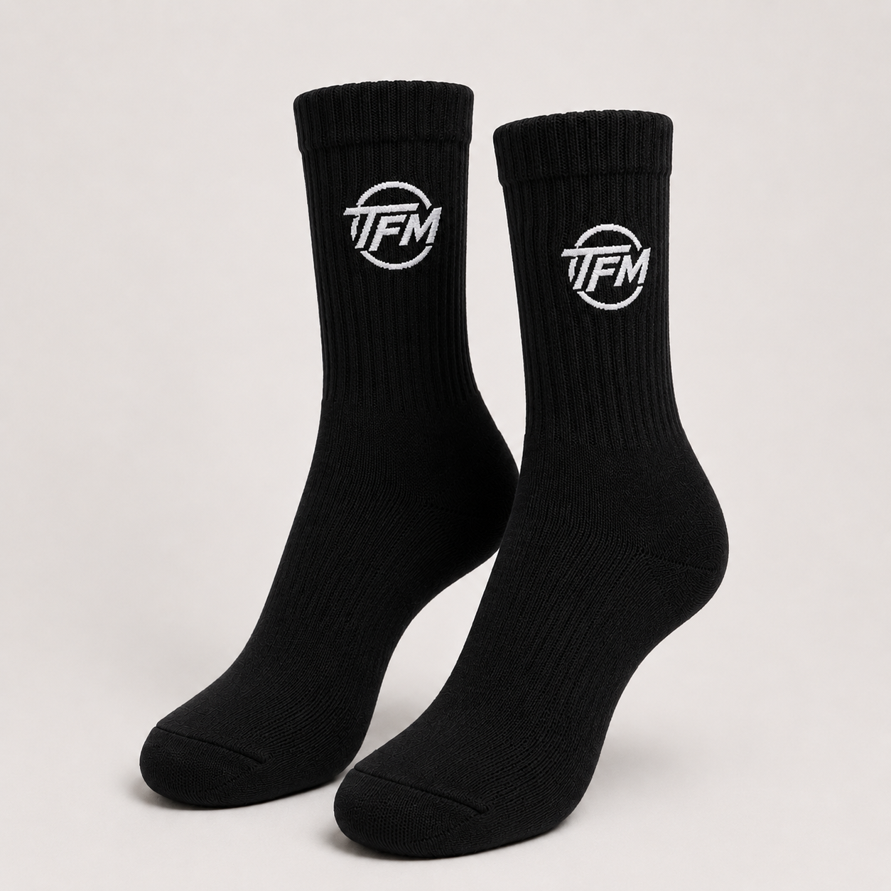 TFM Crew Socks — Black/White Embroidered