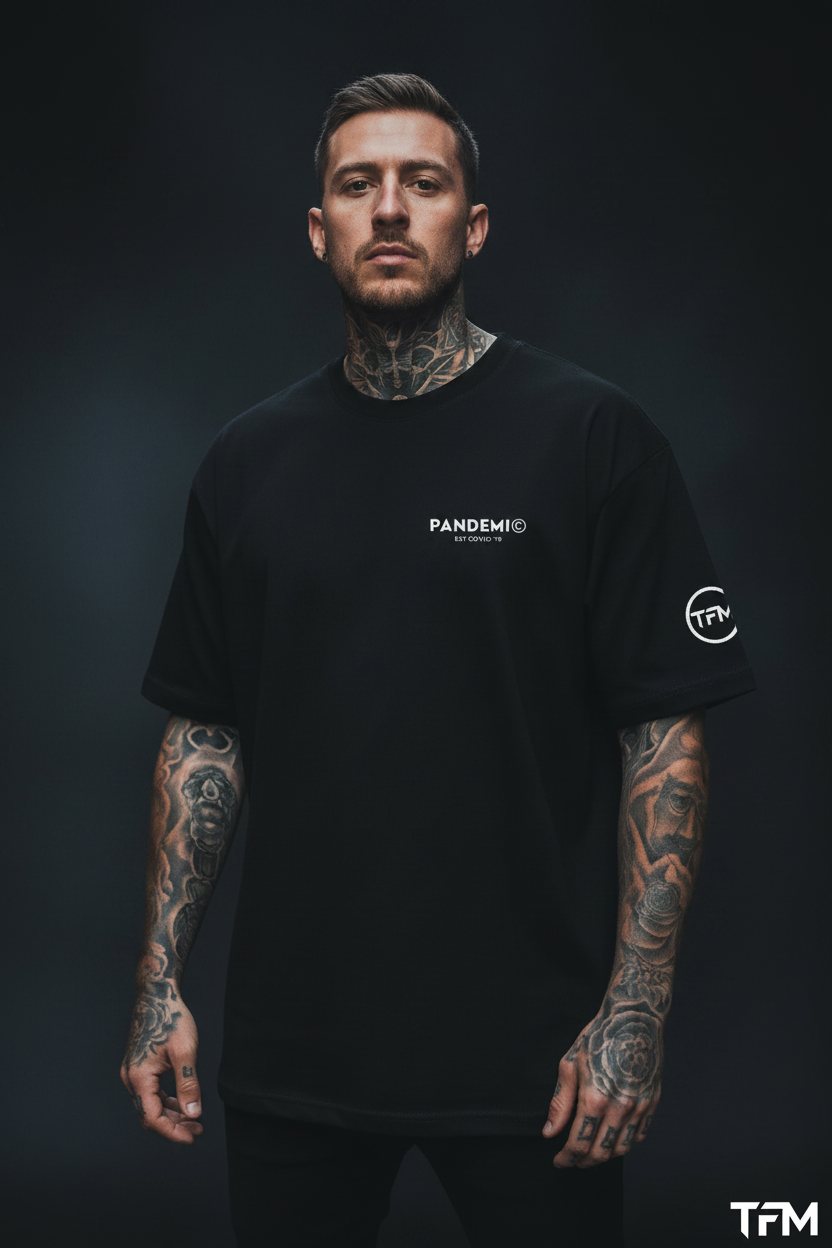 PANDEMI© Tee on Model - Correct TFM Sleeve, Smaller Back Print